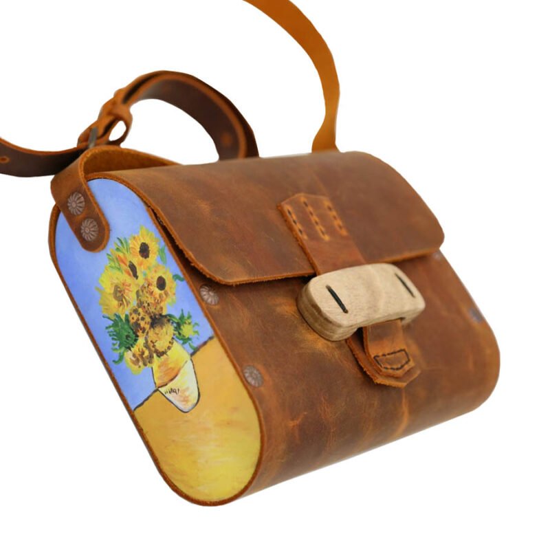 Sunflowers - Leather and Wood Hand painted Bag